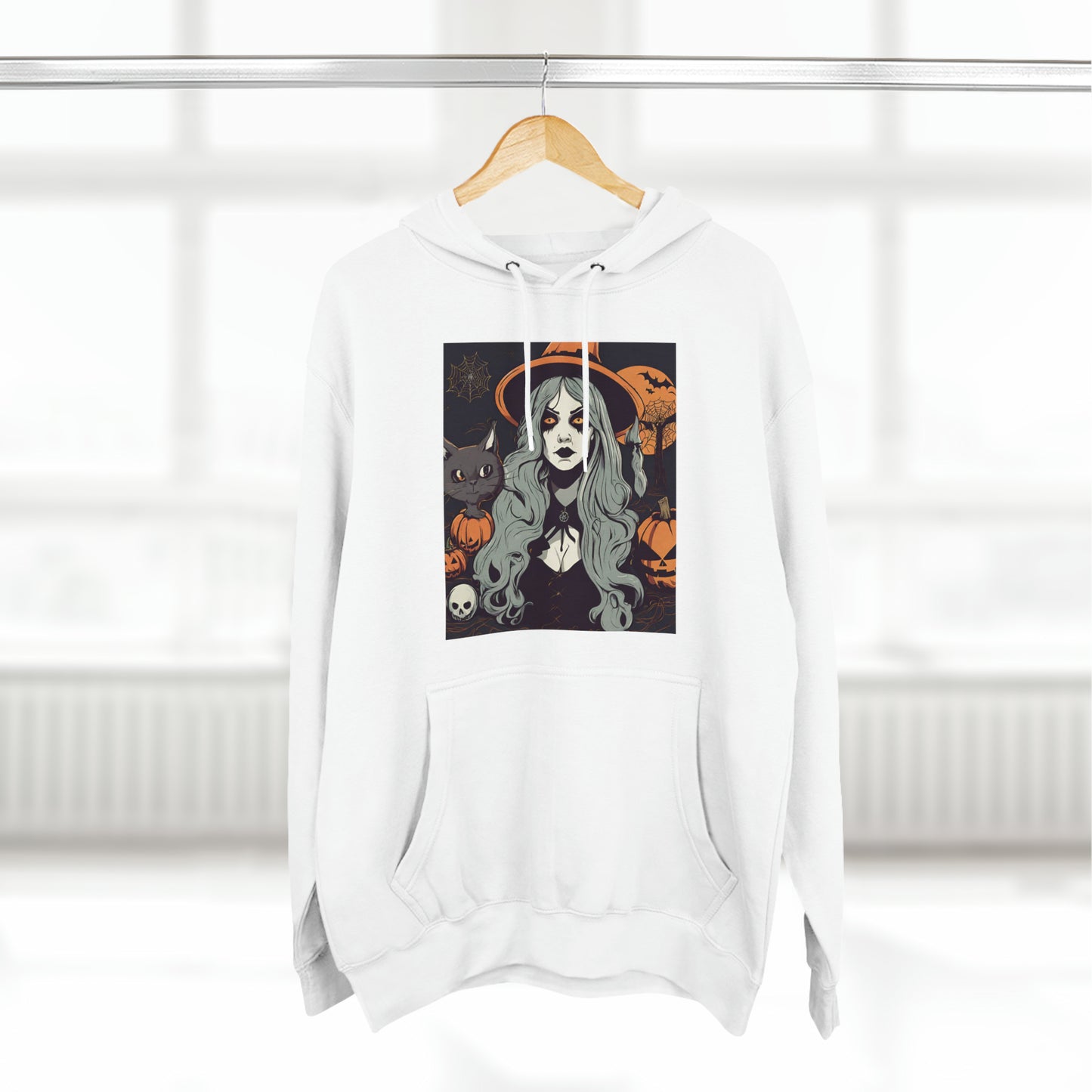 Halloween Witch and A Cat Hoodie | Halloween Gift Ideas White Hoodie Petrova Designs