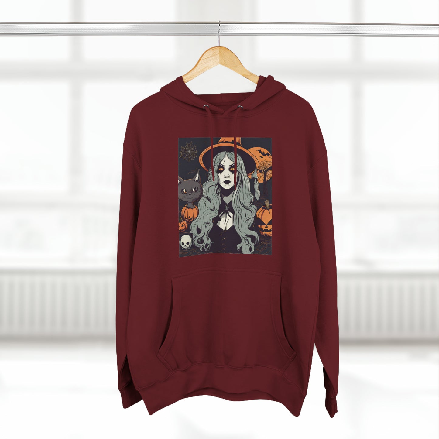 Halloween Witch and A Cat Hoodie | Halloween Gift Ideas Burgundy Hoodie Petrova Designs