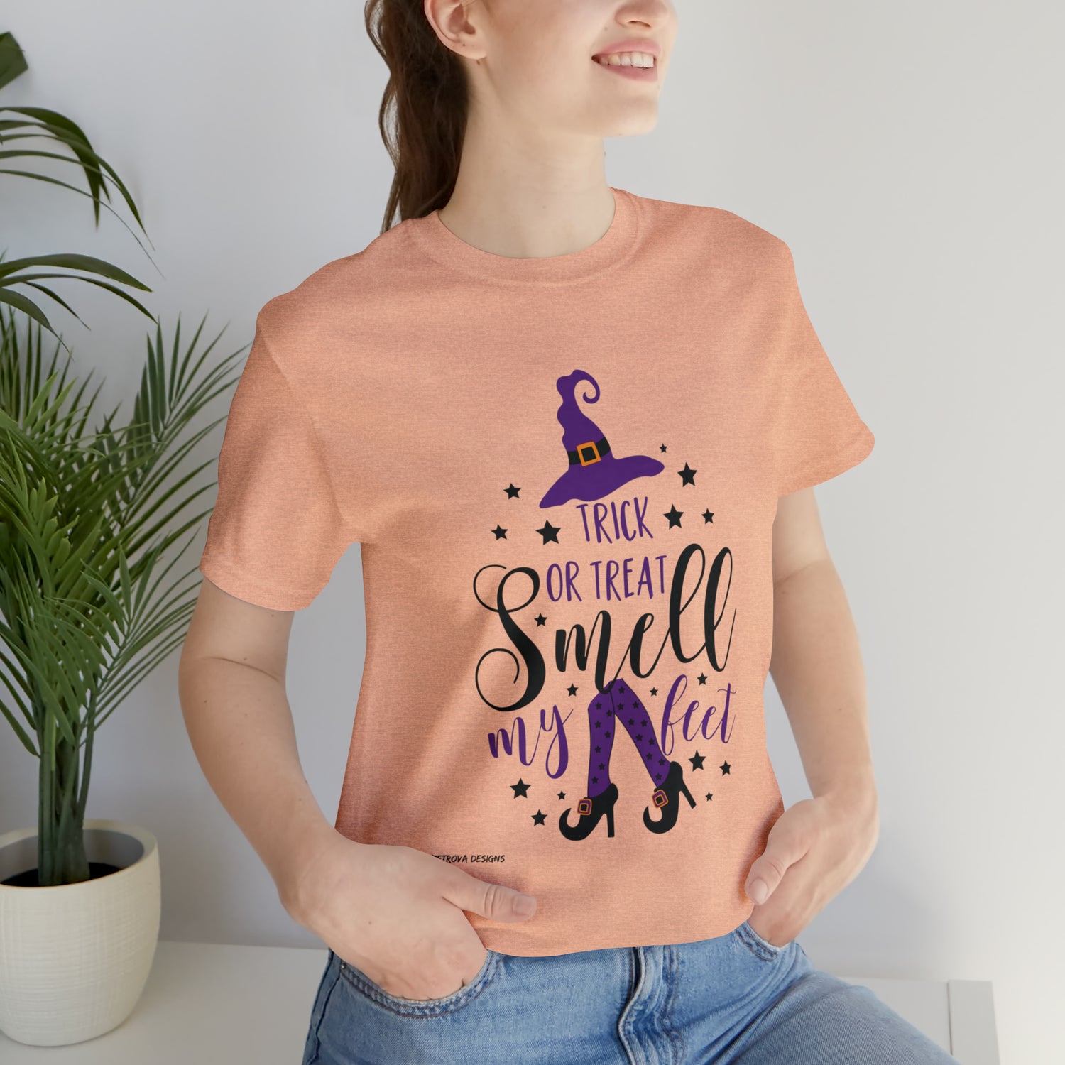 Halloween T-Shirt With Witch Hat Heather Peach T-Shirt Petrova Designs
