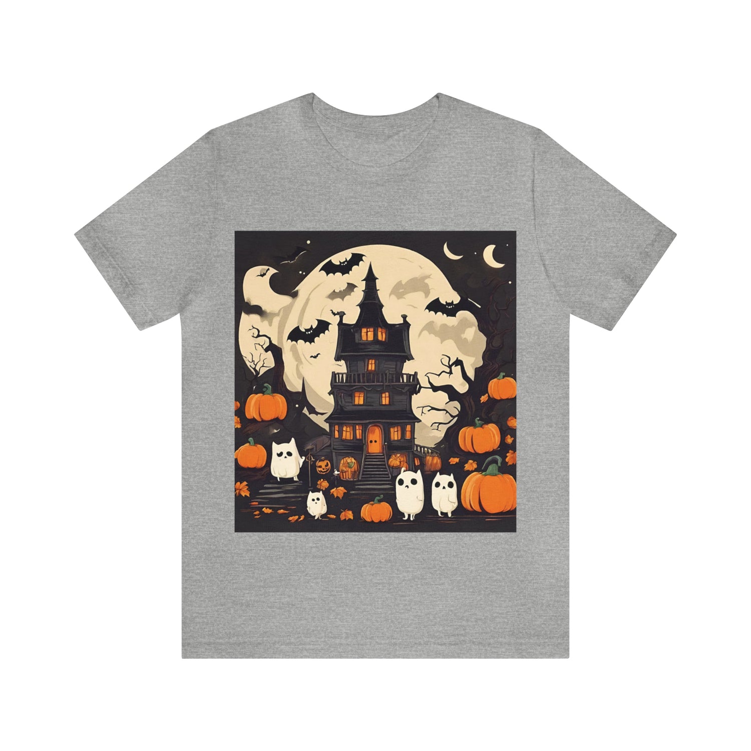 Halloween T-Shirt With Scary House | Halloween Gift Ideas Athletic Heather T-Shirt Petrova Designs