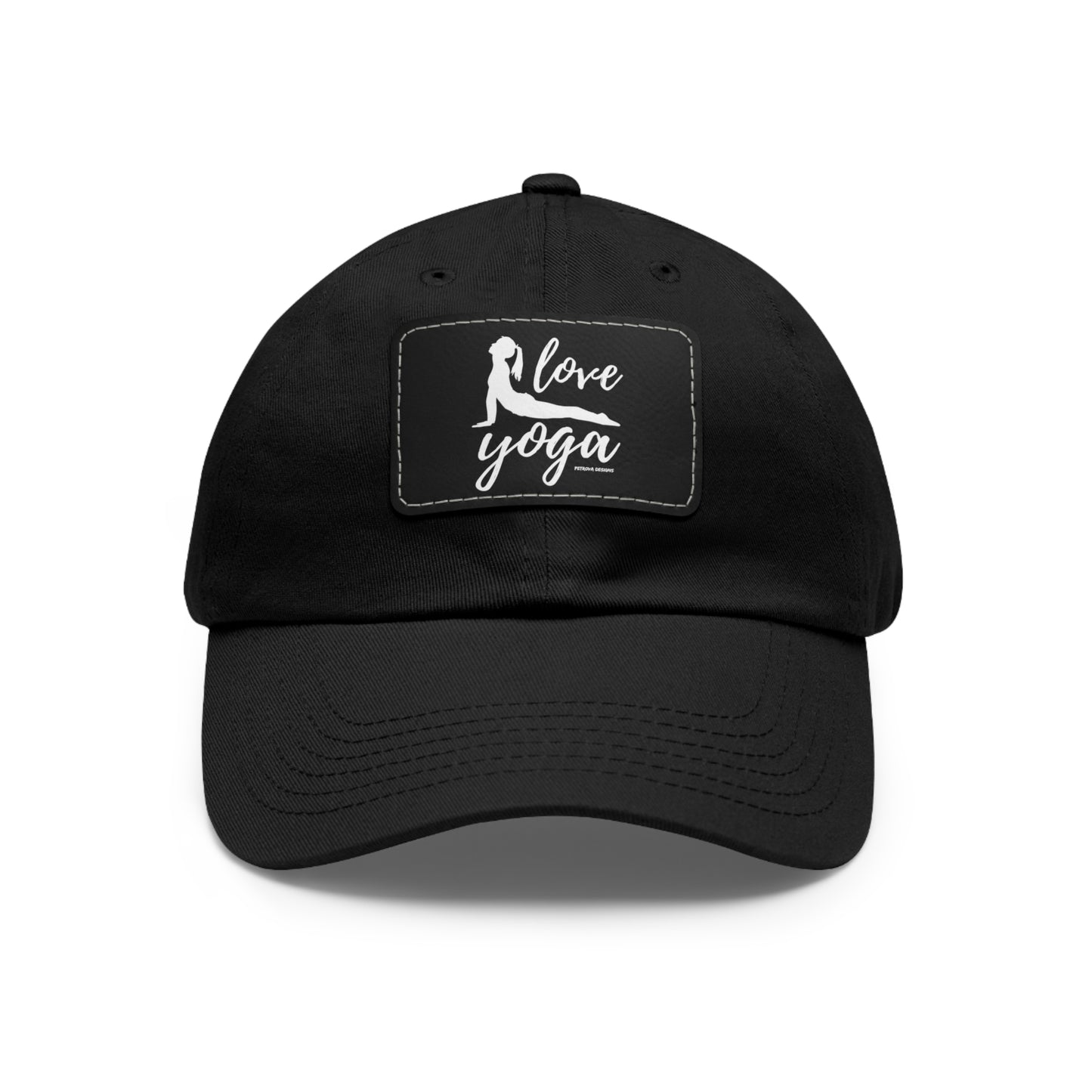 Yoga Gifts | "Love Yoga" Dad Hat with Leather Patch | Black / Black patch Rectangle One size Hats Petrova Designs