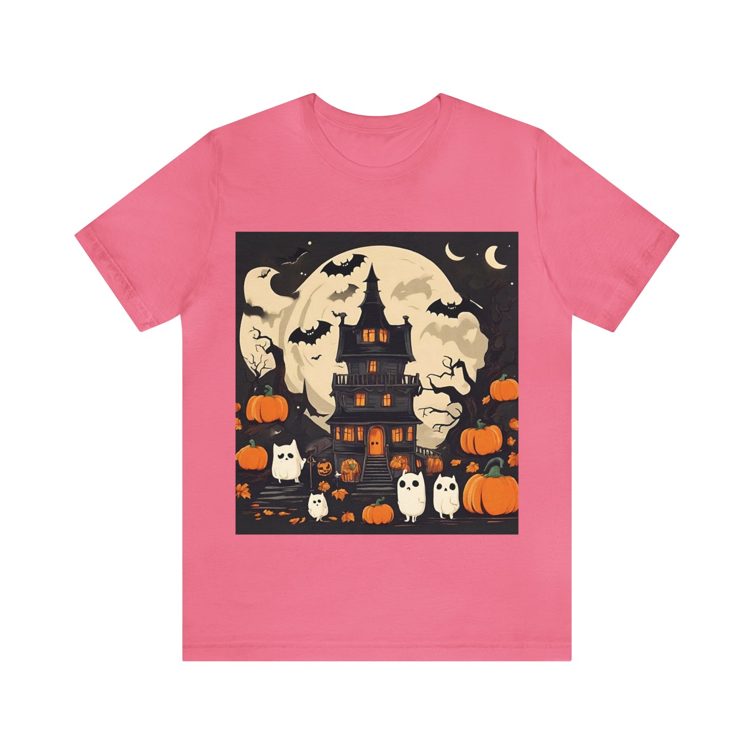 Halloween T-Shirt With Scary House | Halloween Gift Ideas Charity Pink T-Shirt Petrova Designs
