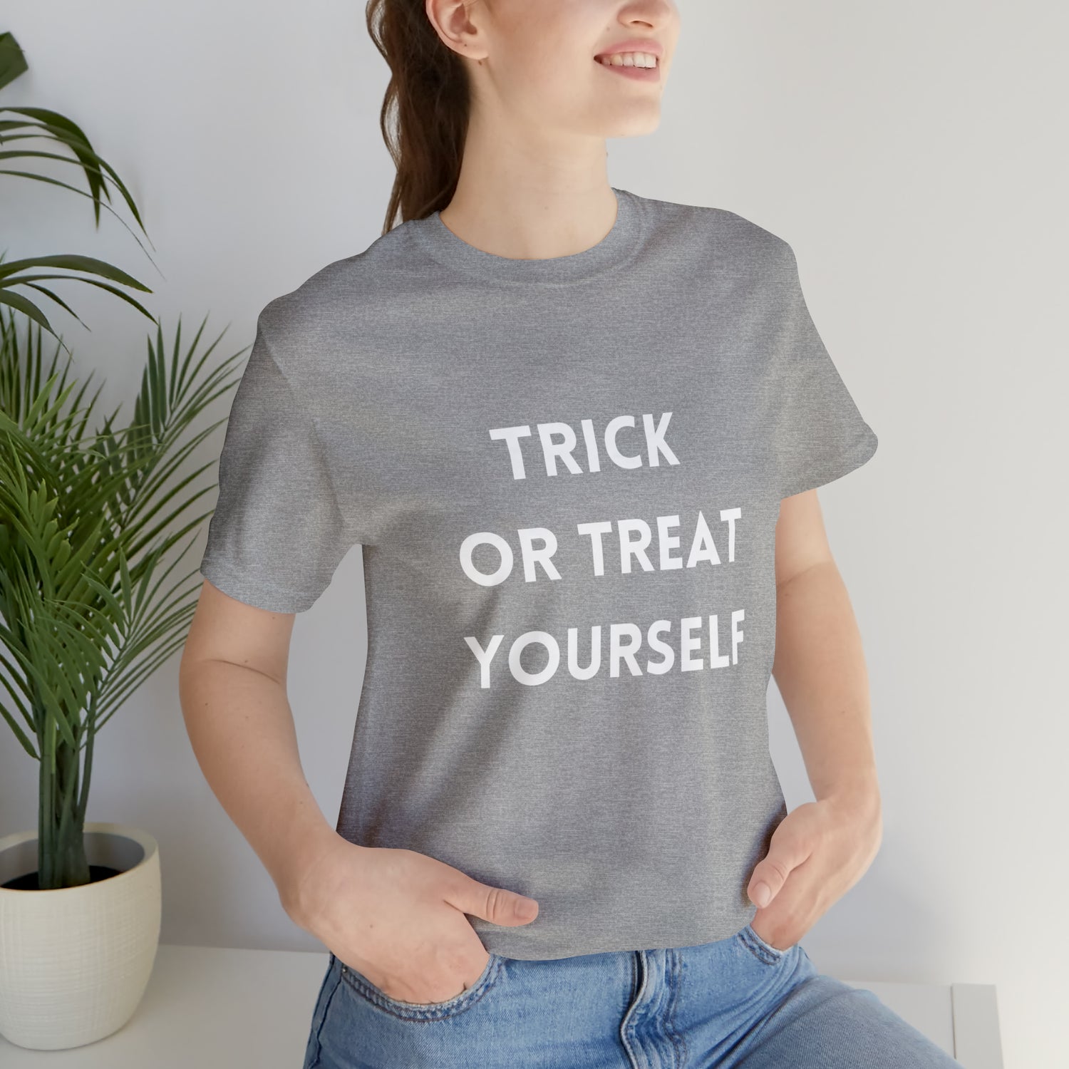 Trick or Treat Halloween T-Shirt Athletic Heather T-Shirt Petrova Designs