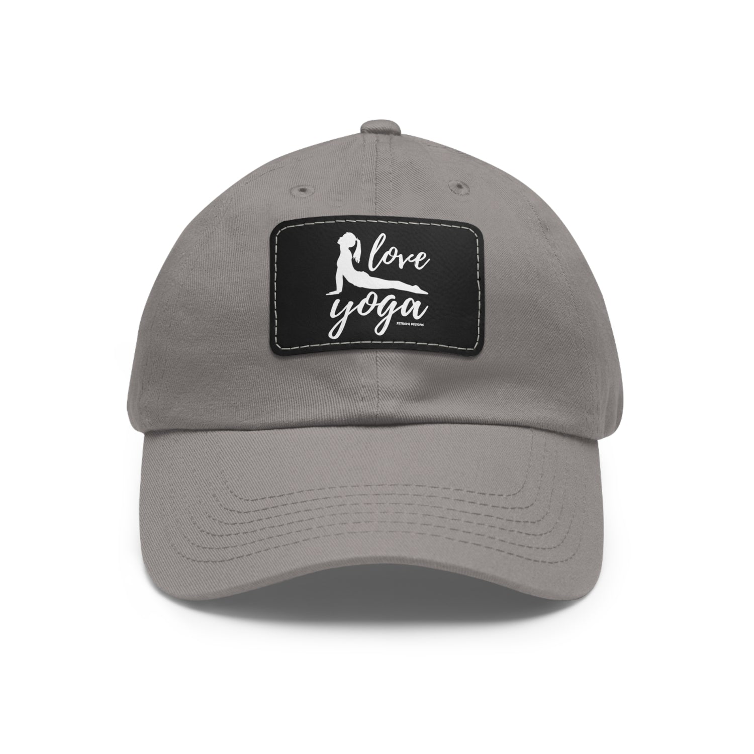 Yoga Gifts | "Love Yoga" Dad Hat with Leather Patch | Grey / Black patch Rectangle One size Hats Petrova Designs