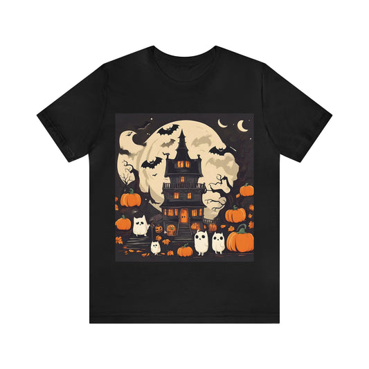Halloween T-Shirt With Scary House | Halloween Gift Ideas Black T-Shirt Petrova Designs