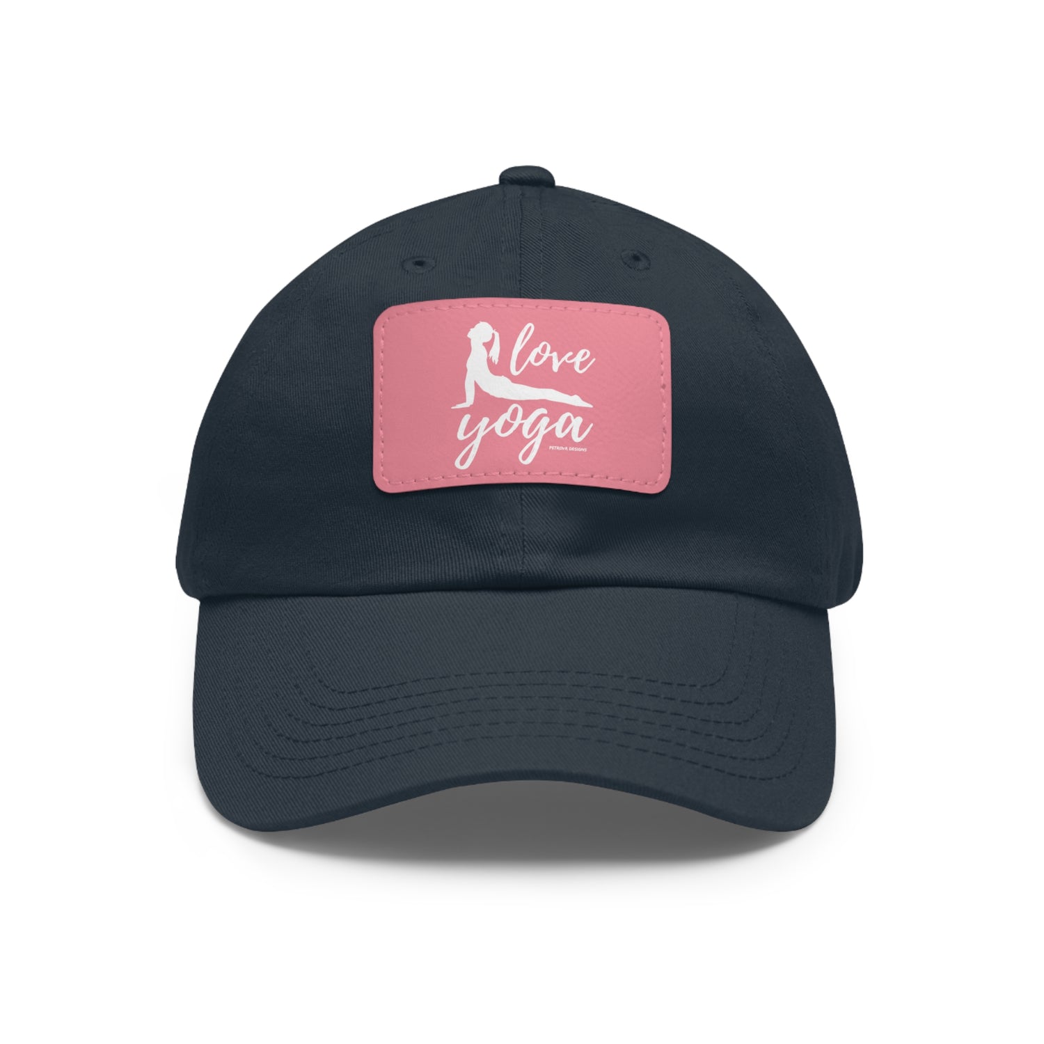 Yoga Gifts | "Love Yoga" Dad Hat with Leather Patch | Navy / Pink patch Rectangle One size Hats Petrova Designs