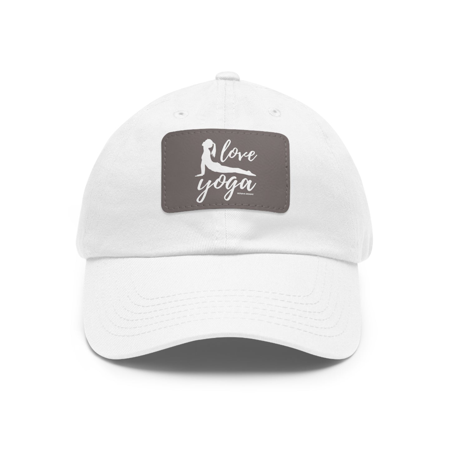 Yoga Gifts | "Love Yoga" Dad Hat with Leather Patch | White / Grey patch Rectangle One size Hats Petrova Designs