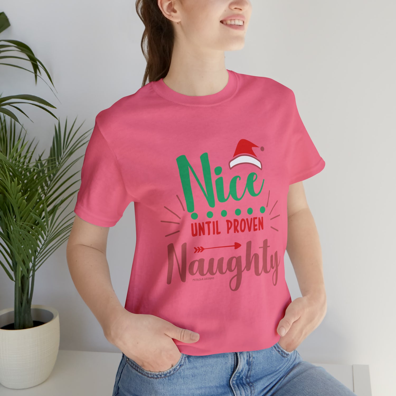 Funny Christmas T-Shirt | Xmas Naughty Tee Charity Pink T-Shirt Petrova Designs