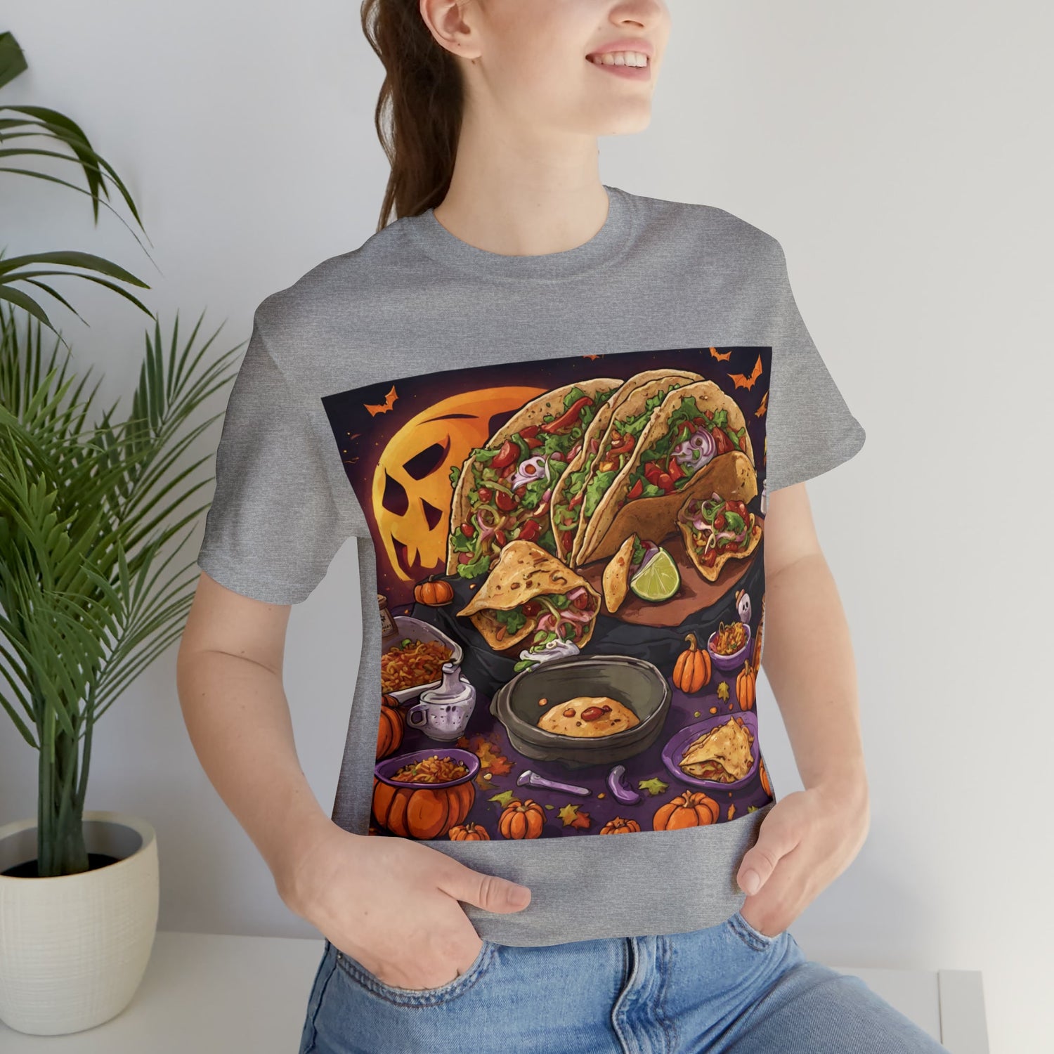 Athletic Heather T-Shirt Halloween T-Shirt Graphic Tee for Men Women Bella Canvas Shirt Halloween Tacos Petrova Designs