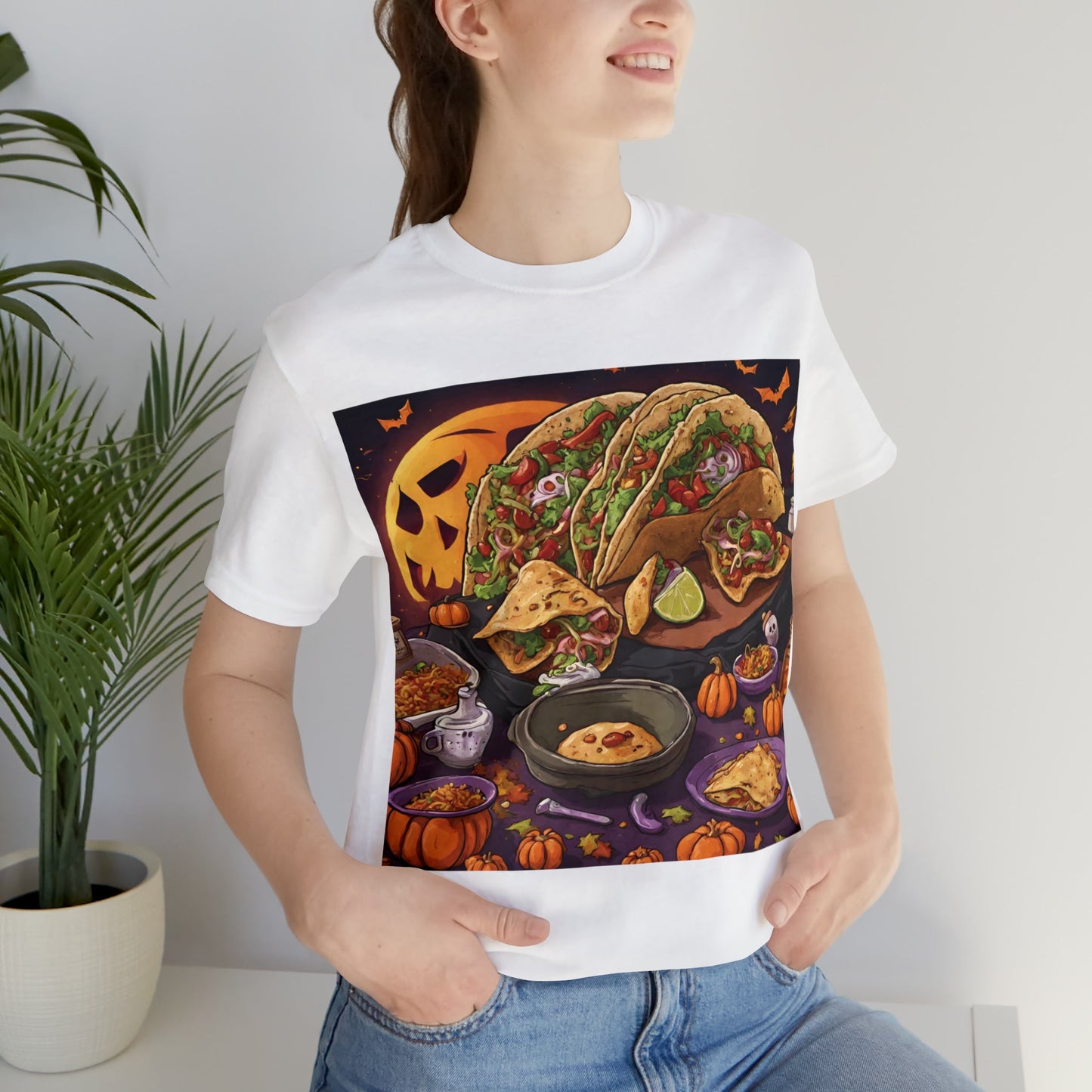 White T-Shirt Halloween T-Shirt Graphic Tee for Men Women Bella Canvas Shirt Halloween Tacos Petrova Designs