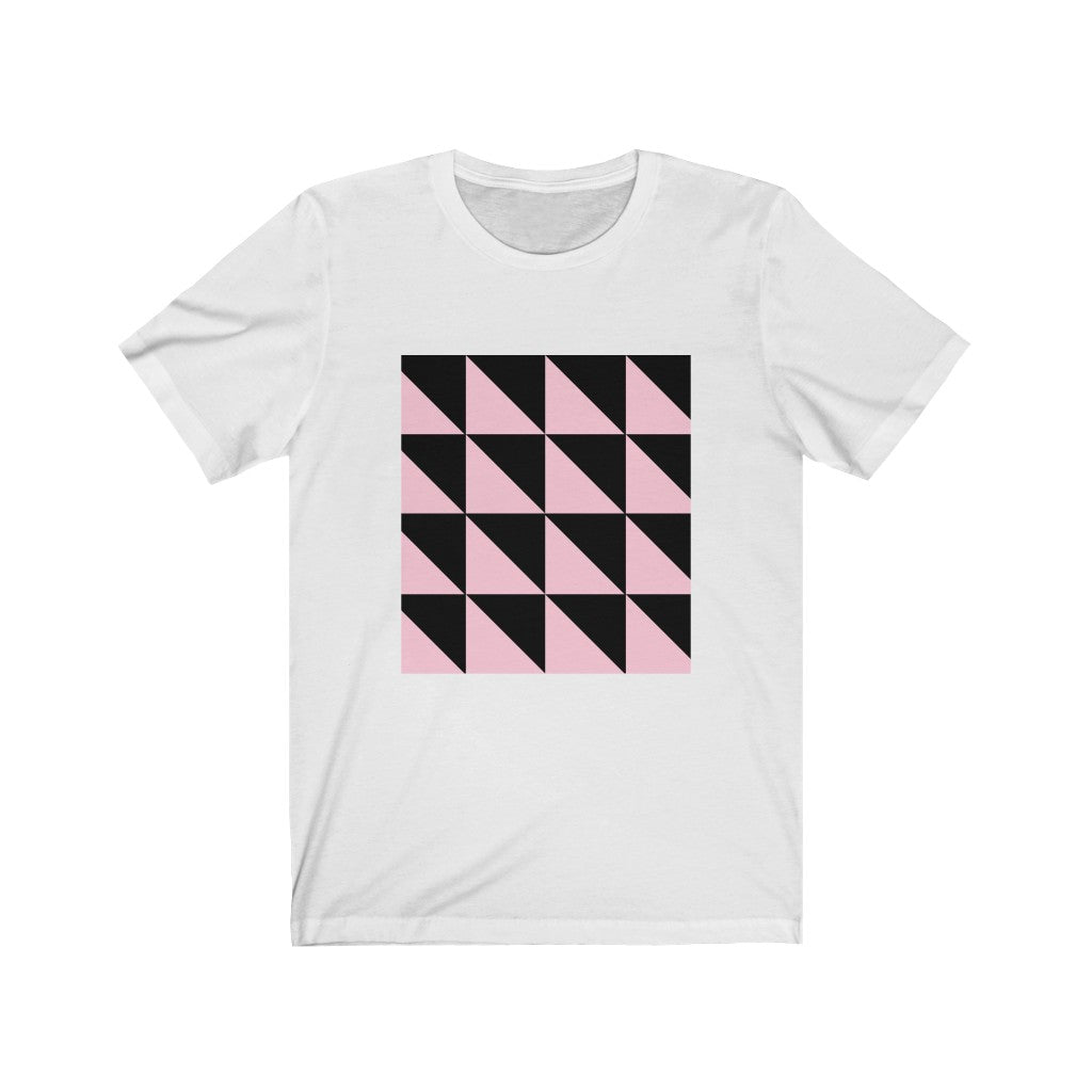 Black and Light Pink Casual Outfit Chic Design Contemporary Fashion Cotton Crew neck Exceptional Craftsmanship Eye-catching Pattern Fashion Collection Fashion Statement Geometric Tee Geometric Tshirts geometrical t-shirt Gift for Fashion Enthusiasts Made in USA Modern Wardrobe Petrova Designs Sharp Lines Small Triangle Pattern T-shirts Trendy Fashion Unisex Versatile Style Vibrant Colors