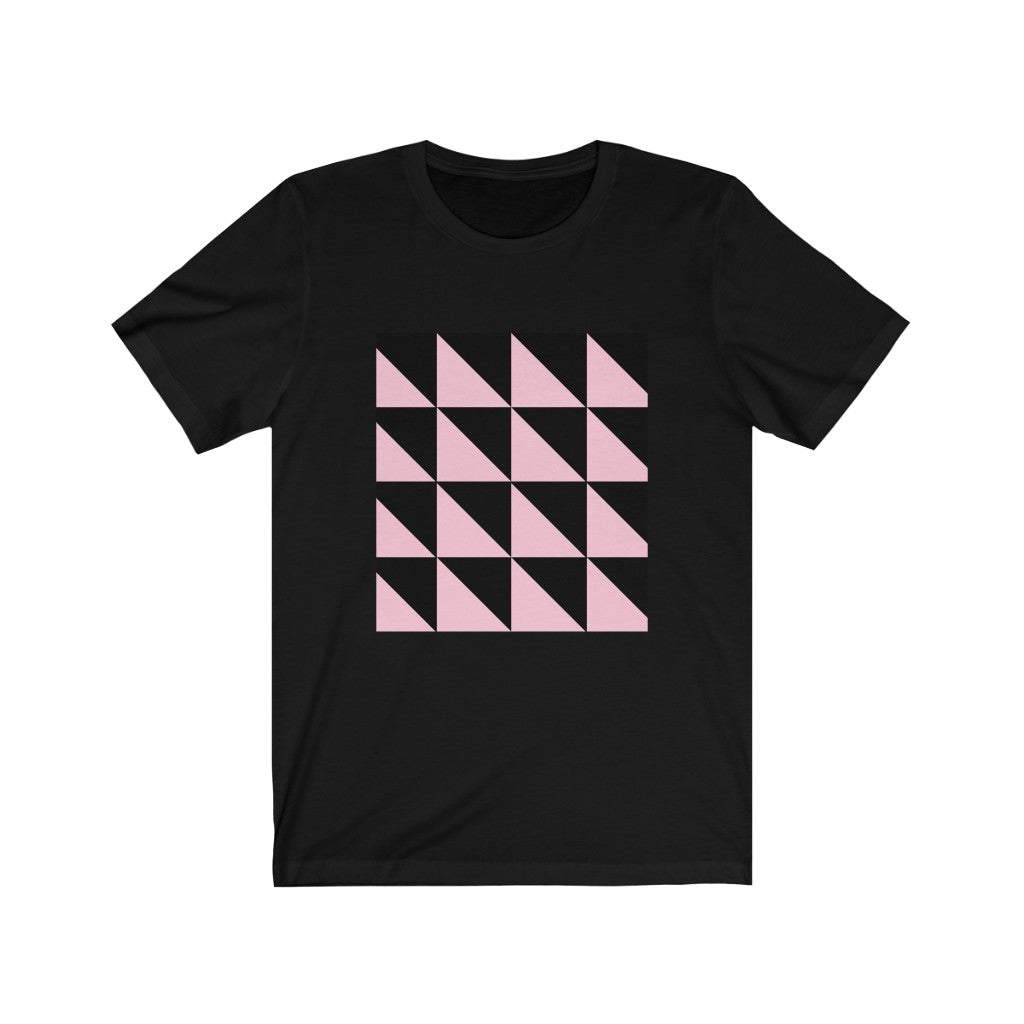 Black and Light Pink Casual Outfit Chic Design Contemporary Fashion Cotton Crew neck Exceptional Craftsmanship Eye-catching Pattern Fashion Collection Fashion Statement Geometric Tee Geometric Tshirts geometrical t-shirt Gift for Fashion Enthusiasts Made in USA Modern Wardrobe Petrova Designs Sharp Lines Small Triangle Pattern T-shirts Trendy Fashion Unisex Versatile Style Vibrant Colors